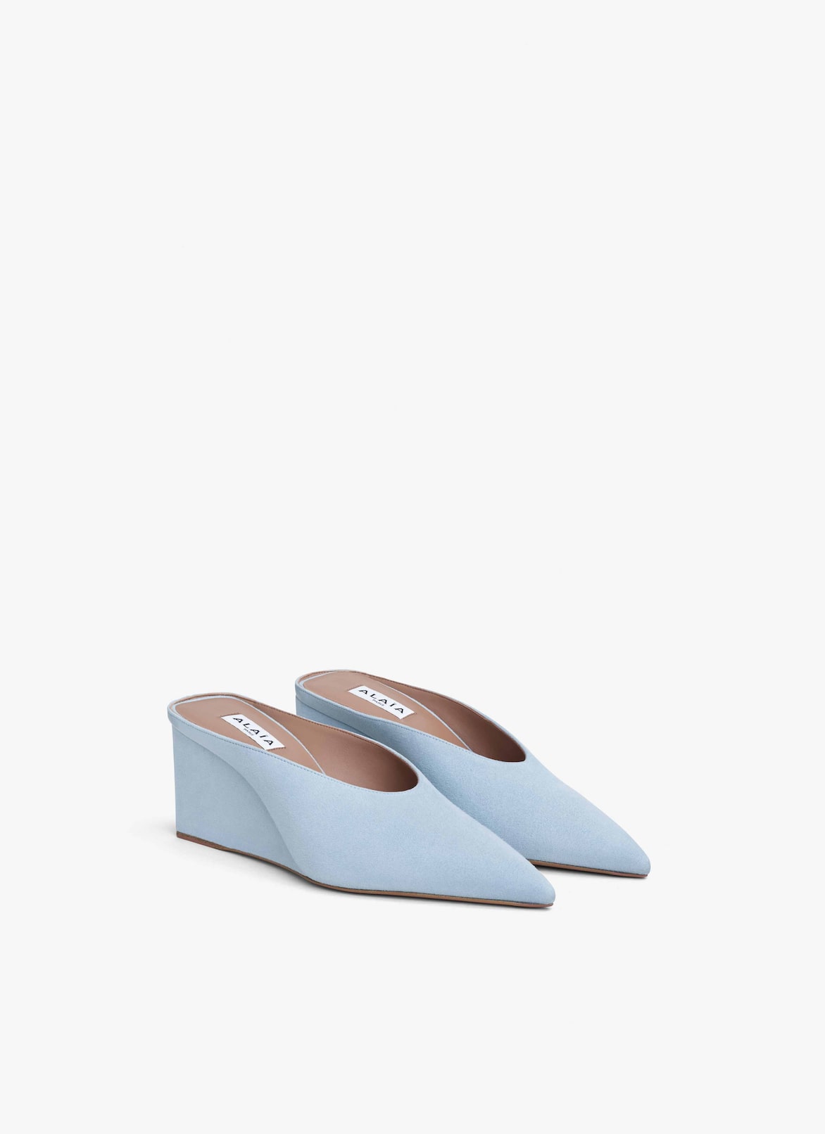 CUBE WEDGE MULES IN SUEDE GOATSKIN ALAÏA LIGHT BLUE CUBE WEDGE MULES IN SUEDE GOATSKIN
